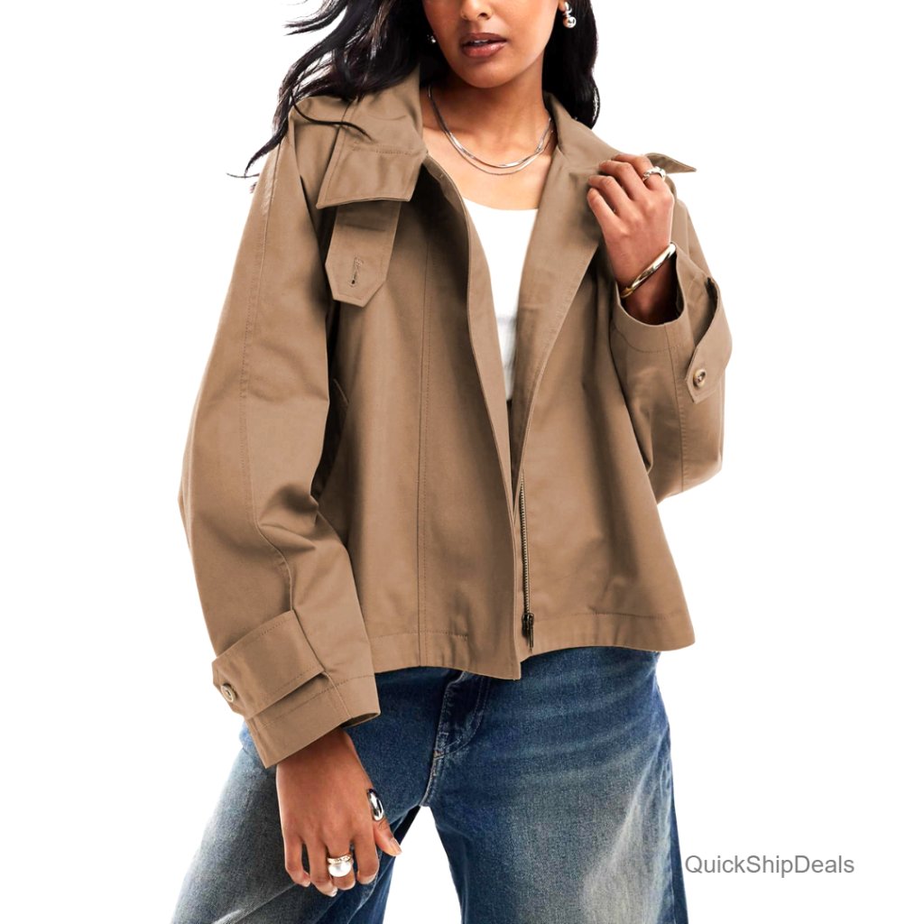 Cropped Trench Coat With Back Cape, Zip Front, Pockets, Lightweight Polyester